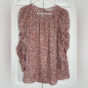 Max Studio Blouse Crepe Ruched Sleeve Floral Keyhole Neck Peasant Cottage Sz L